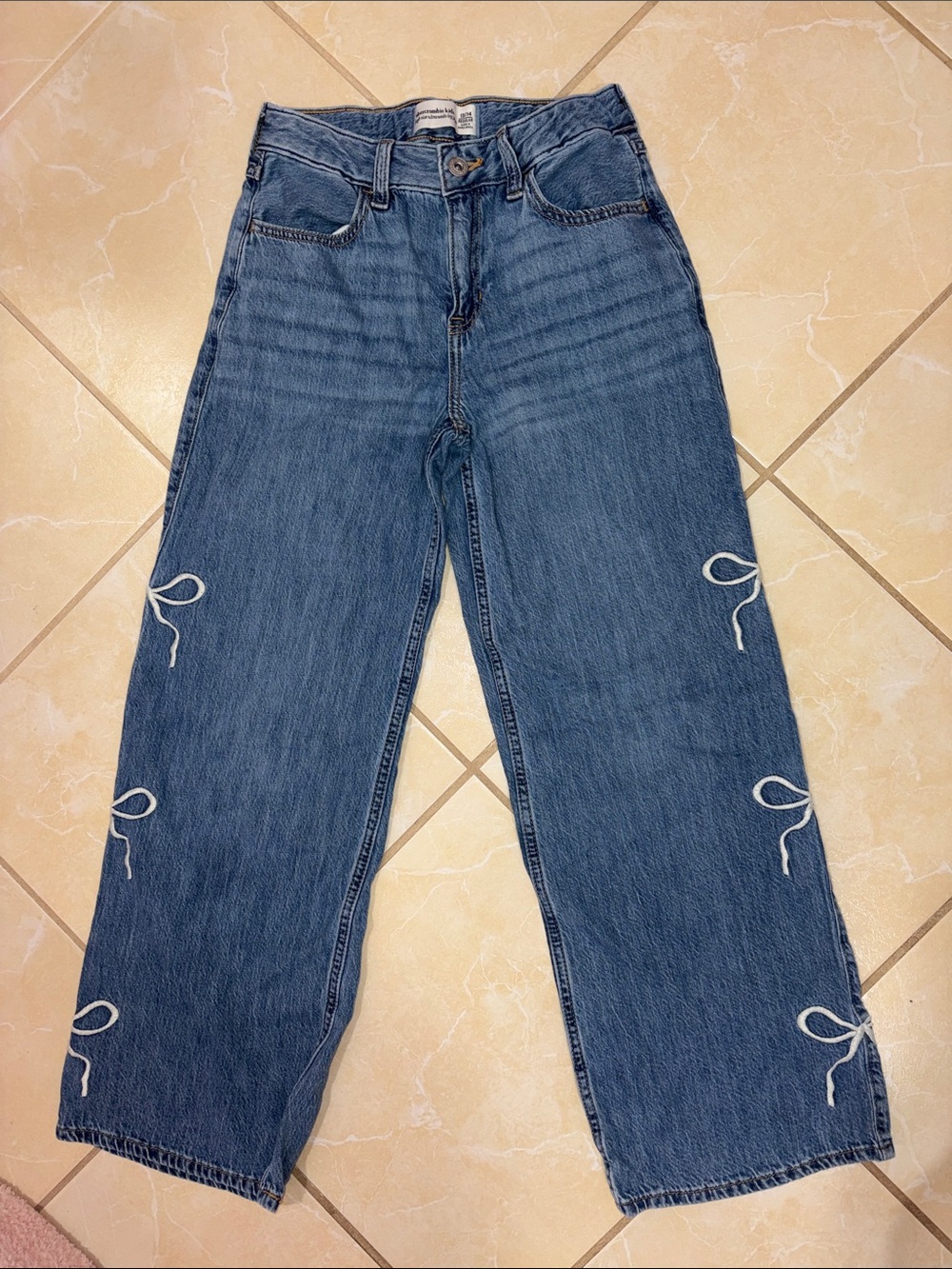 abercrombie kids Blue Straight-Leg Jeans with White embroidered bows